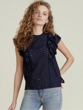 Veronica Beard Jie- Women's Navy Eyelet Ruffle Sleeve Top